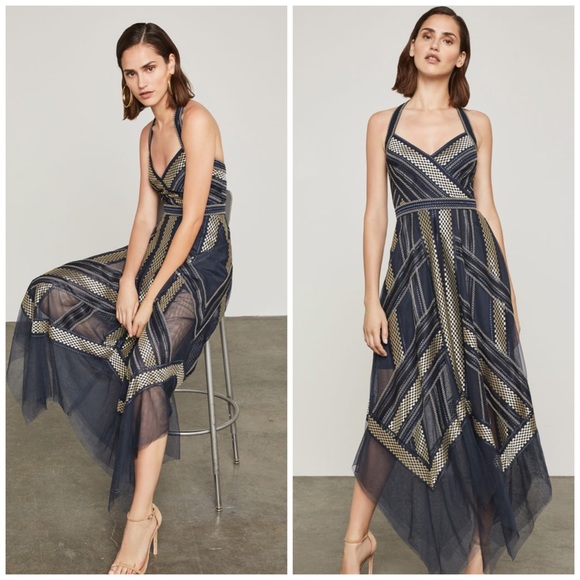 bcbg metallic striped handkerchief dress